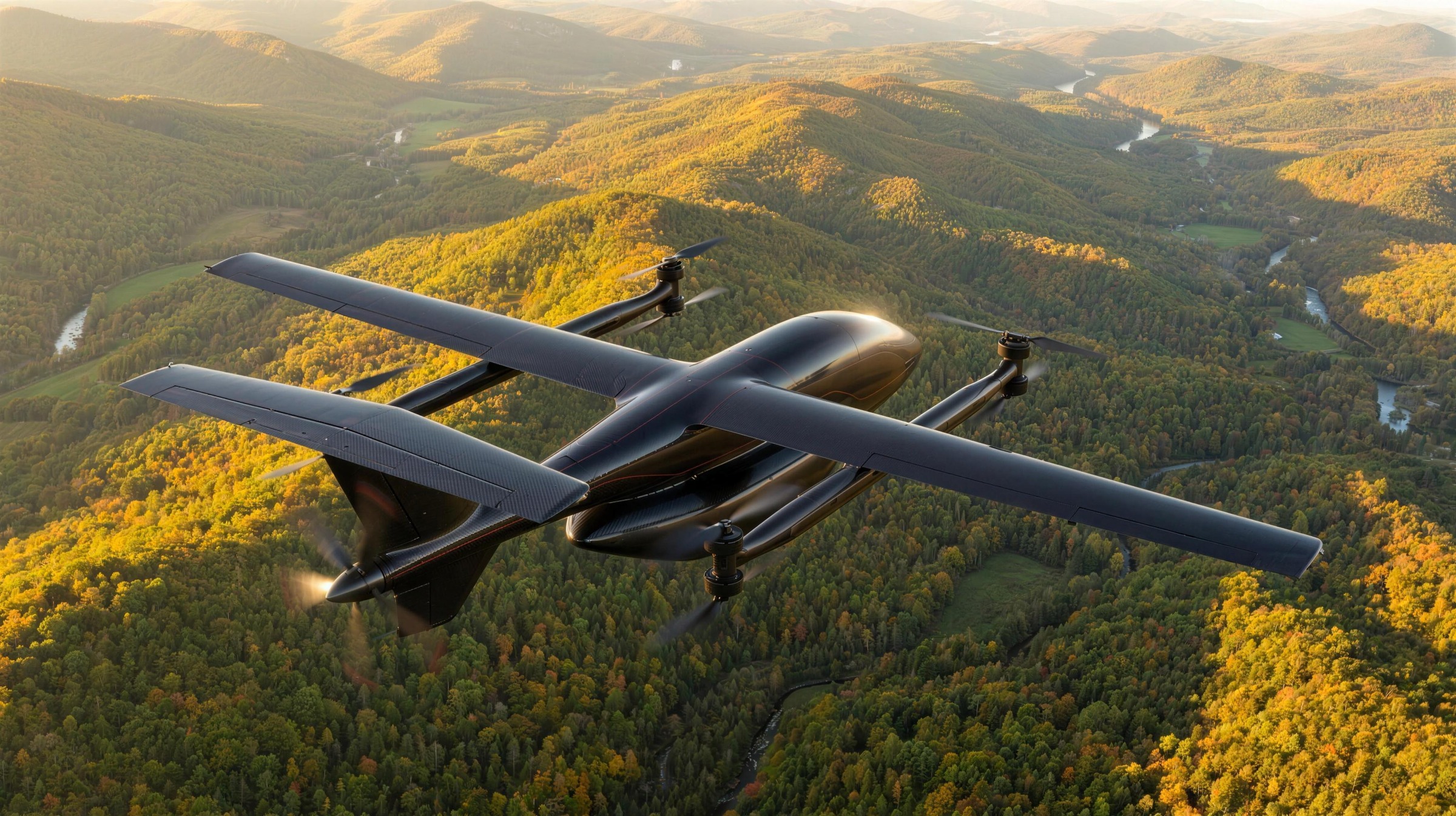 FantomCARGO concept — autonomous cargo aircraft in wing-borne cruise over Vermont, eight lift rotors feathered, pusher propeller driving