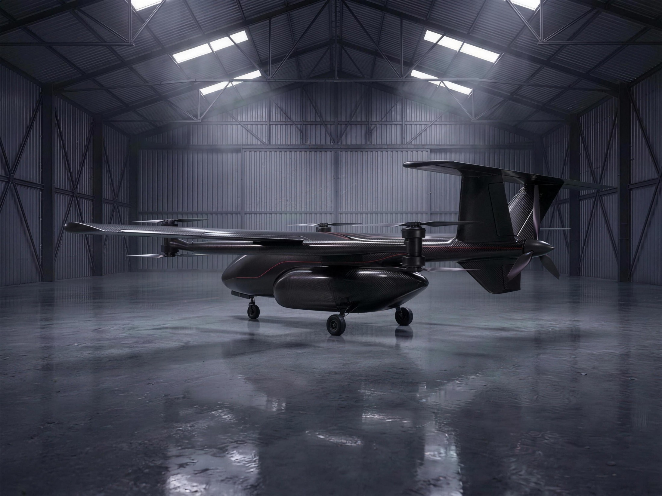FantomCARGO concept — eight-rotor lift system at rest on the hangar floor