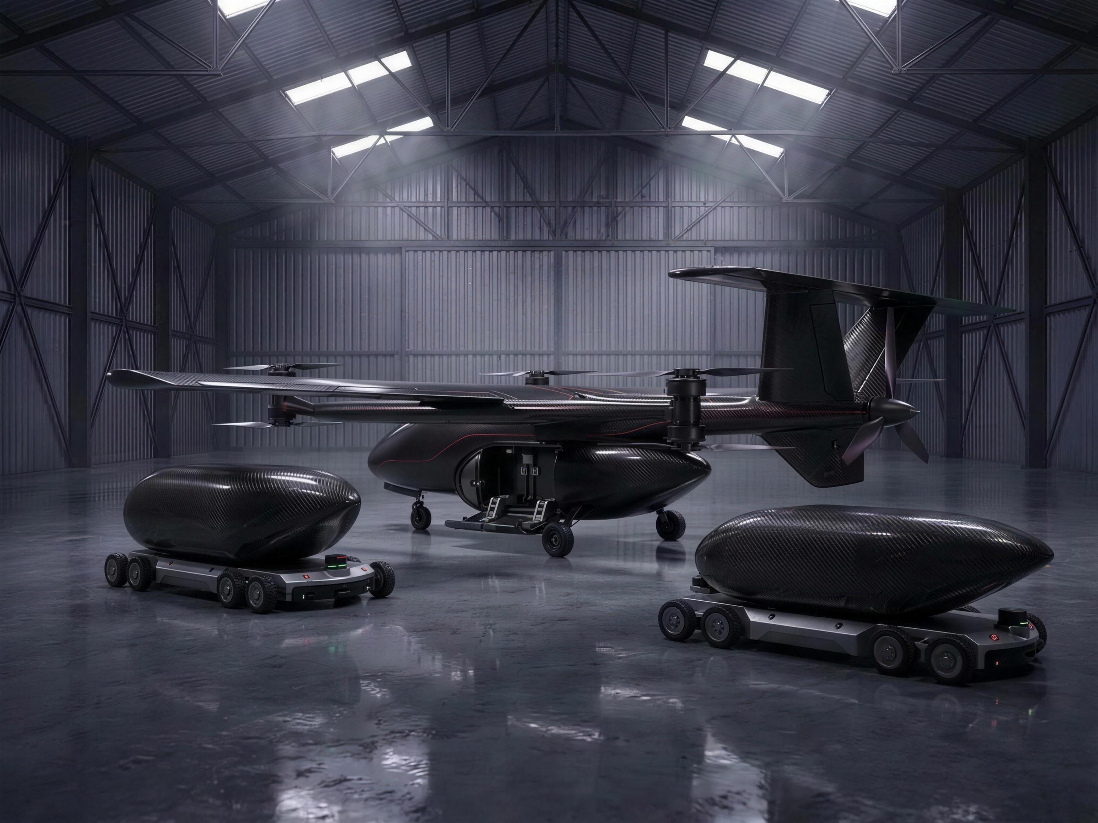 FantomCARGO concept — belly cargo pod released onto an autonomous ground dolly, second pod staged beside the aircraft