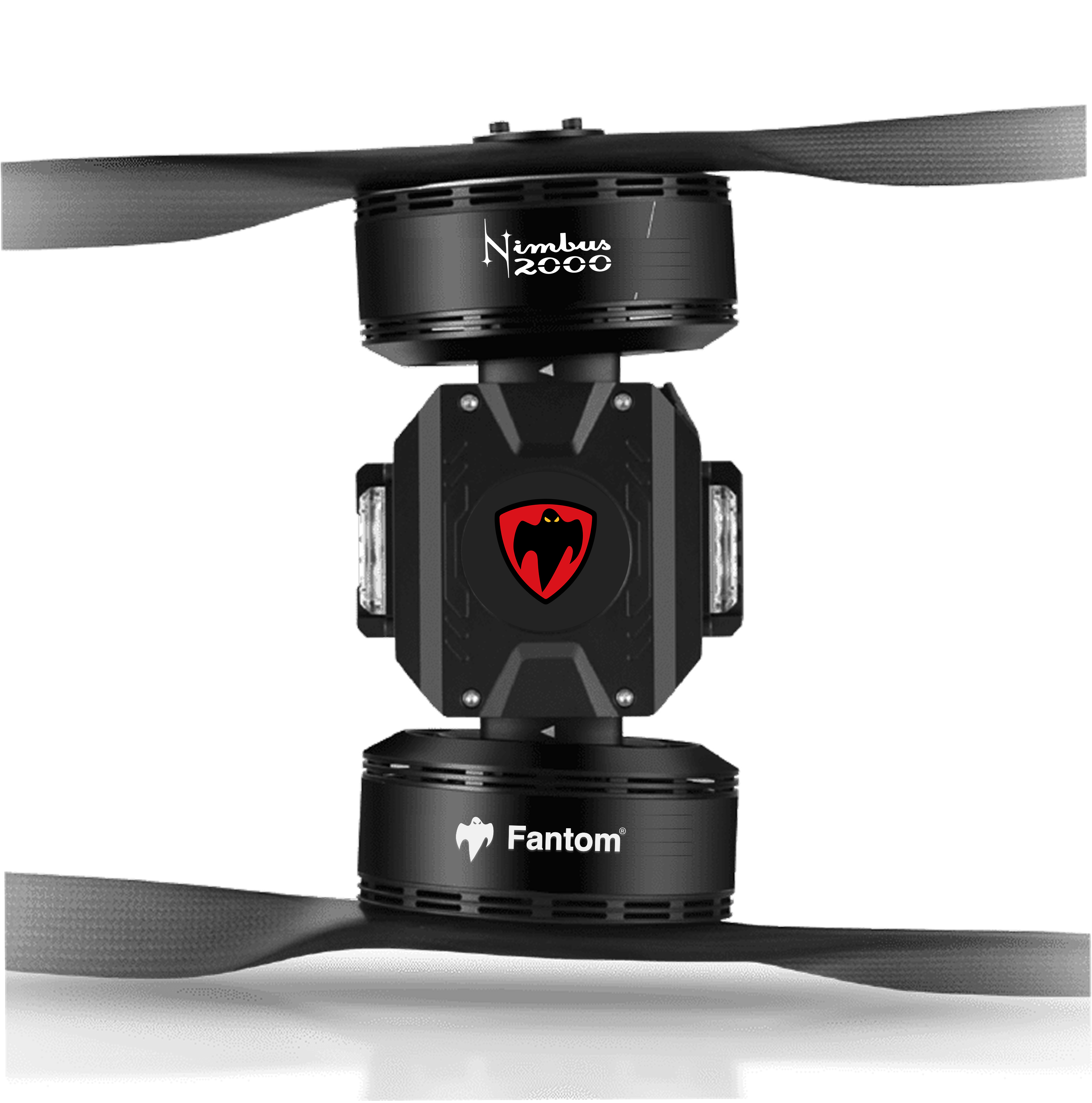 Fantom aircraft showcasing Nimbus 3000 distributed electric propulsion system with dual propellers on top and bottom, featuring black design with red shield logo