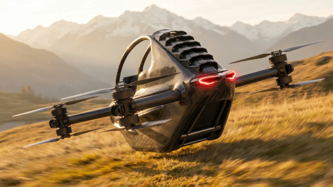 Fantom X in low-level flight over a golden-hour alpine ridge